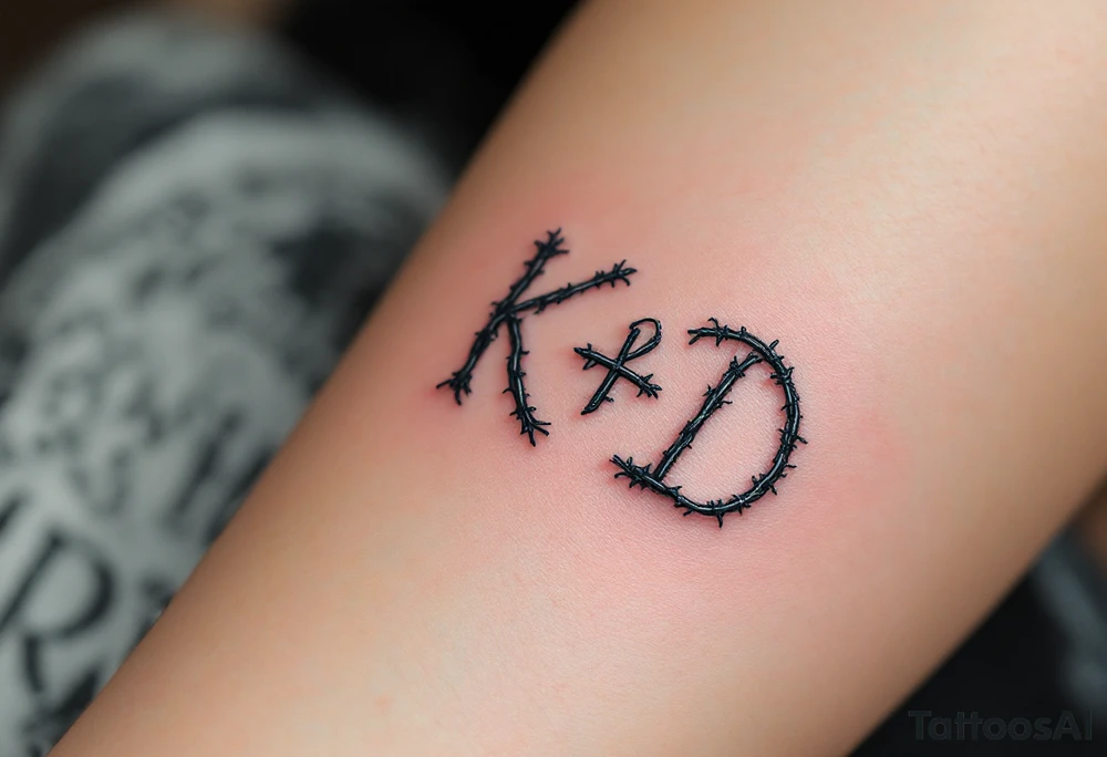 Barbed Wire Monogram – Steel gray “K + D” wrapped loosely in a fine barbed wire motif, giving it a rough edge. tattoo idea