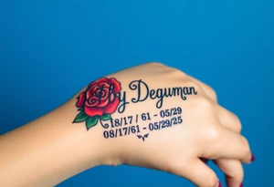 Bold curly Cursive name Debby Deguzman surrounded by a hummingbird a rose and these dates 08/17/61 - 05/29/25 tattoo idea
