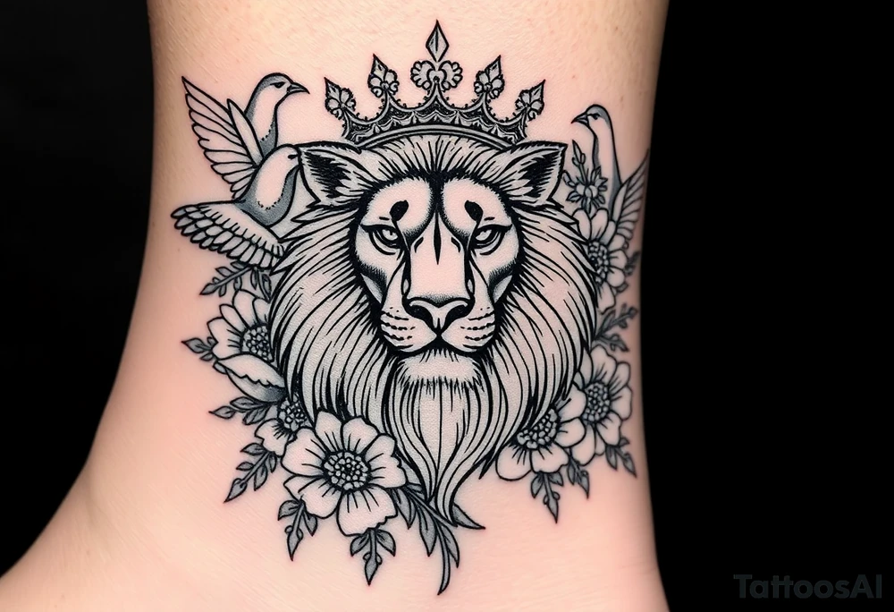 powerful majestic lion with a crown, surrounded by floral ornaments and birds tattoo idea