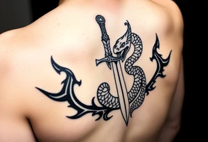 mystical snake coiled around an ancient dagger with jeweled hilt tattoo idea