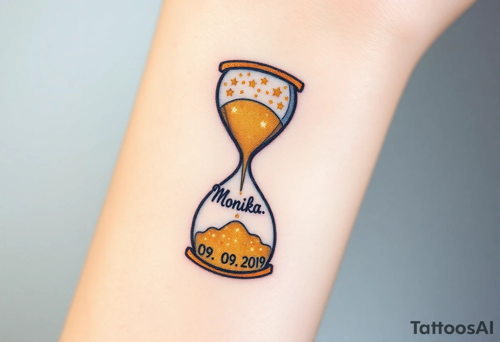 A golden hourglass where sand transforms into tiny stars, flowing down to mark the birth time with name "Monika" and date "09. 09. 2019", in shimmering gold and deep space black tattoo idea