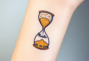 A golden hourglass where sand transforms into tiny stars, flowing down to mark the birth time with name "Monika" and date "09. 09. 2019", in shimmering gold and deep space black tattoo idea