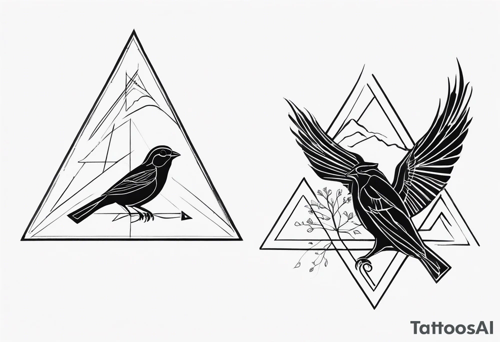 Concept tattoo including a sparrow, resurrection plant, child profile and 2 triangles. Connect these with lines and circles. Starts at shoulder and goes to just above the bend in the arm.  Use the style of @pmtsketch as a reference. tattoo idea