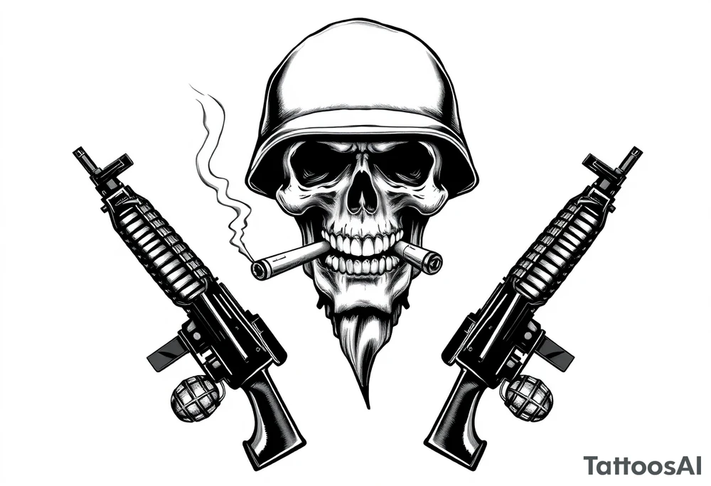 A stoic skull in a military helmet, cigar burning, flanked by crossed assault rifles and grenades. tattoo idea