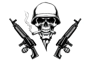 A stoic skull in a military helmet, cigar burning, flanked by crossed assault rifles and grenades. tattoo idea