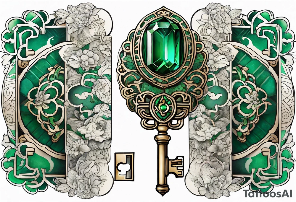 Lock and key with emerald stone tattoo idea