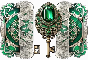 Lock and key with emerald stone tattoo idea