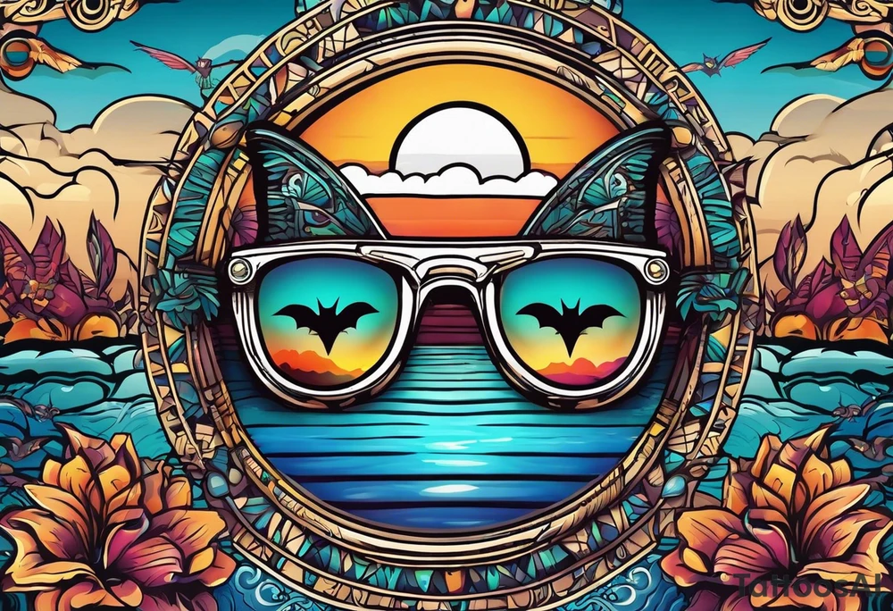 Colorful Mayan sunglasses reflecting water and bats tattoo idea