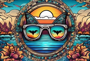 Colorful Mayan sunglasses reflecting water and bats tattoo idea