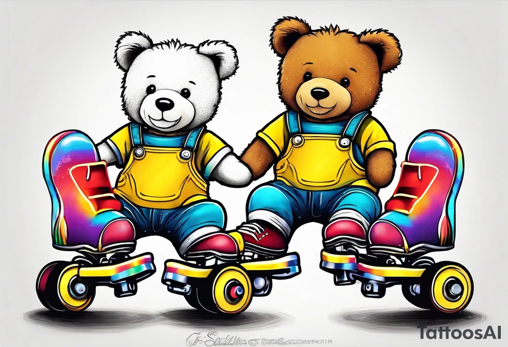 A rollerskating teddy bear in yellow overalls and rainbow skates tattoo idea