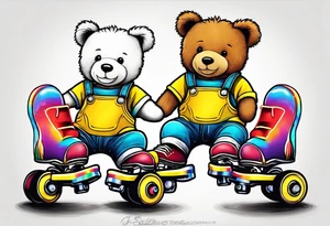 A rollerskating teddy bear in yellow overalls and rainbow skates tattoo idea