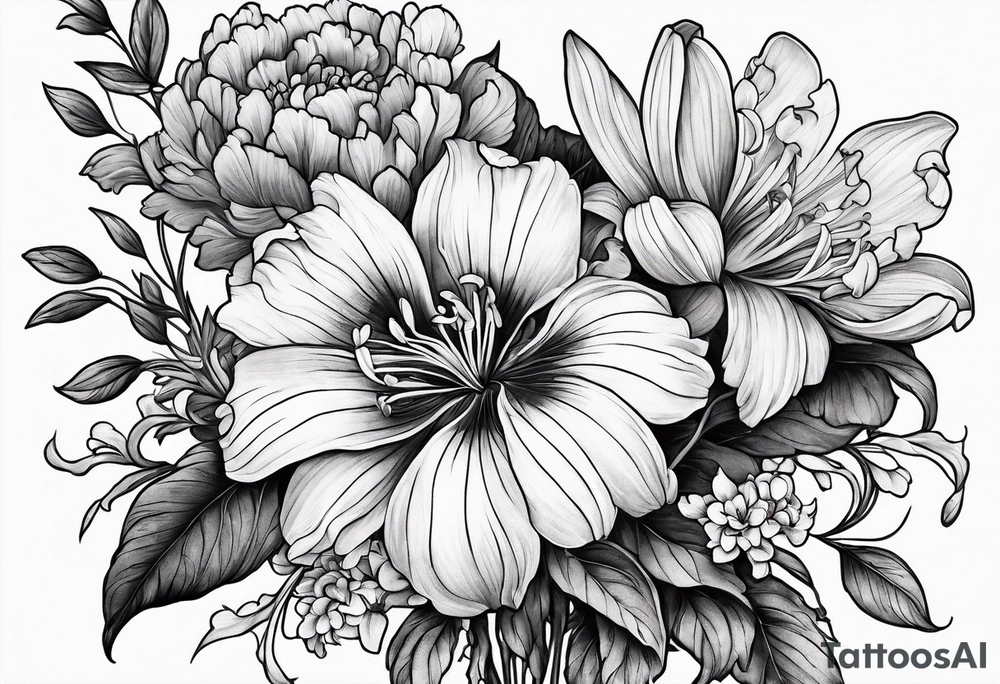 Flower bouquet filled with violets, irises and chrysanthemums tattoo idea