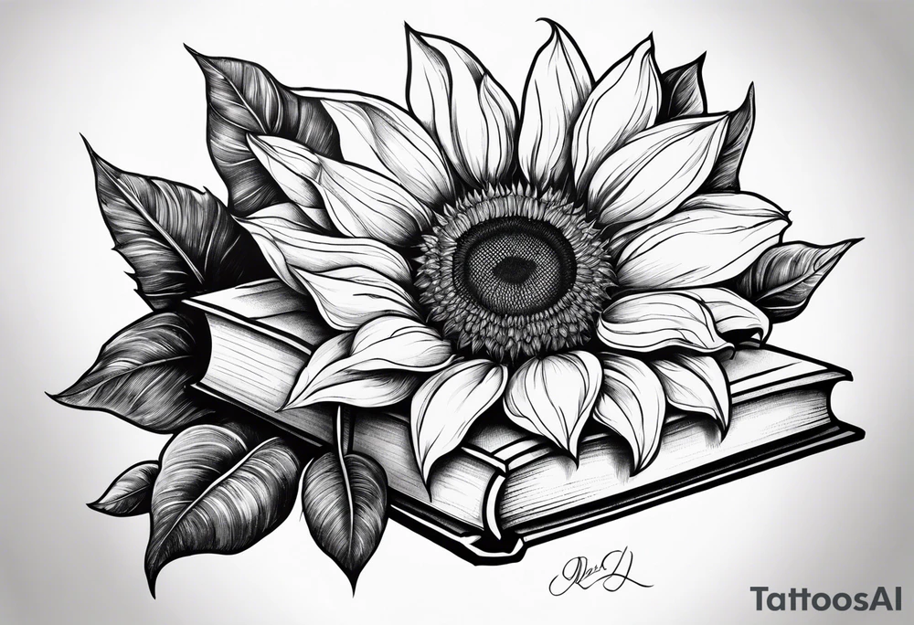 Sunflower, book, flower rose  bleu tattoo idea