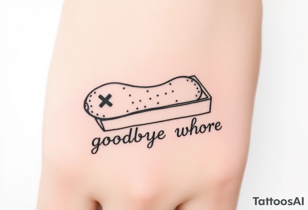 A peanut with x's for eyes laying in an open casket with the words goodbye whore tattoo idea