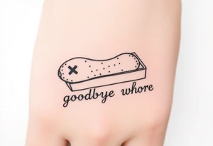 A peanut with x's for eyes laying in an open casket with the words goodbye whore tattoo idea