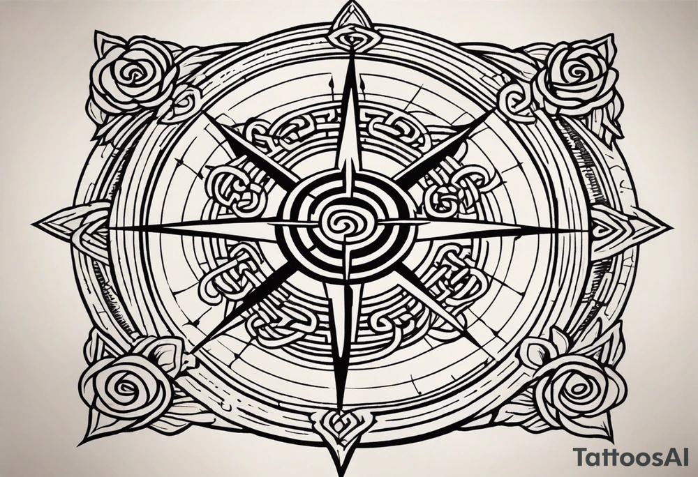 A compass rose with a labyrinth on the inside and to Celtic swords going through the center of the rose compass tattoo idea