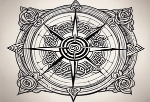 A compass rose with a labyrinth on the inside and to Celtic swords going through the center of the rose compass tattoo idea