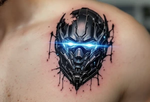 A shattered robotic mask revealing human skin underneath, glowing in dark gunmetal, electric blue, and black shadows. tattoo idea