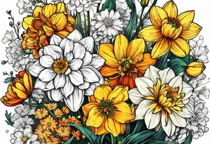 Narcissus, Chrysanthemum,
Cosmos, snow drop that shows all the flower stems for the back of the arm. Fine line. In a flower bouquet that you buy at the store tattoo idea