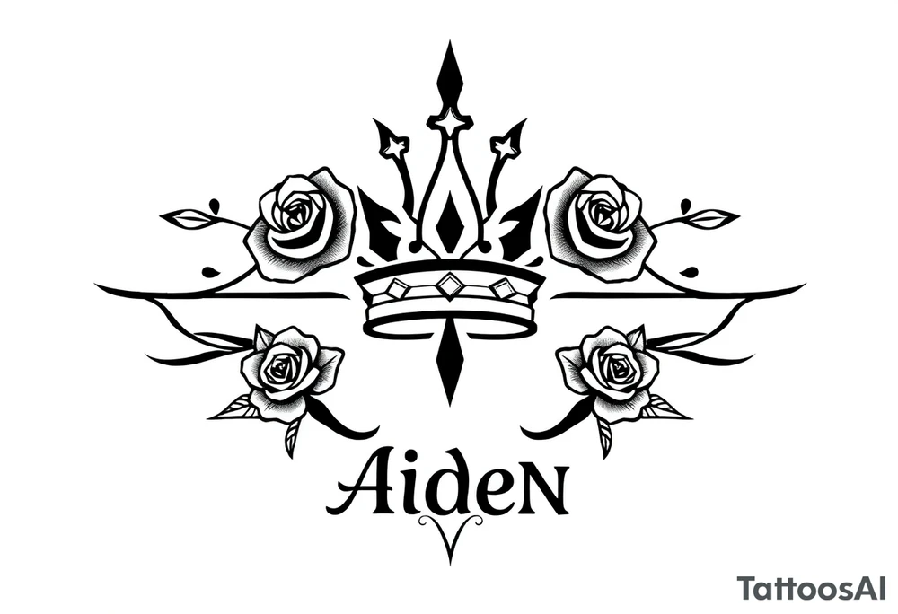 Small size Kings crown roses above the name Aiden tattoo idea