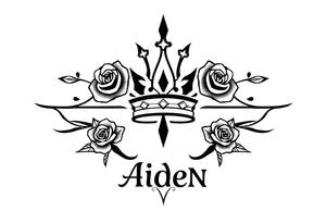 Small size Kings crown roses above the name Aiden tattoo idea