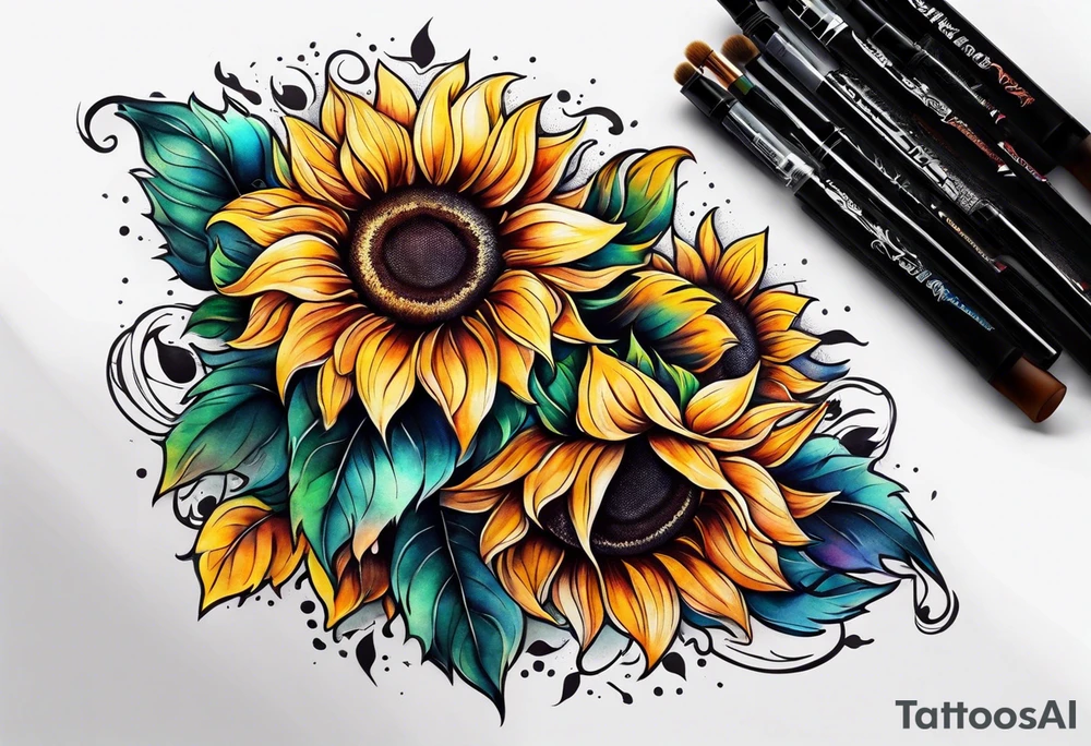 Leg sleeve sunflower tattoo idea