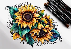Leg sleeve sunflower tattoo idea