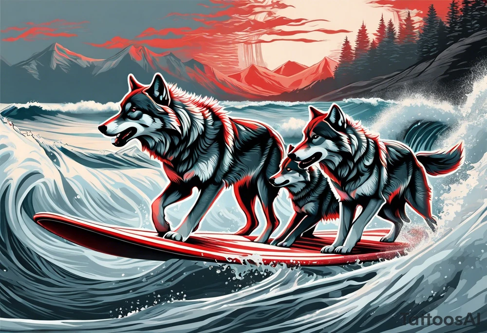 a pack of 3 howling muscular  gray wolves surfing waves with a linear background with red, white and black and gray tattoo idea