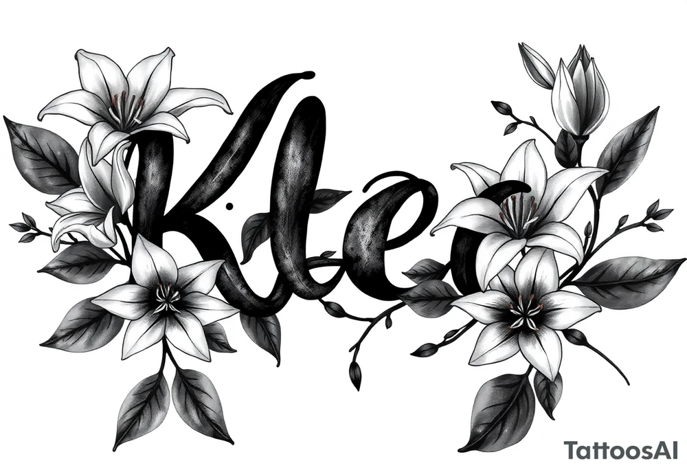 The word Kloee surrounded by big
lilies with the vines in letters tattoo idea