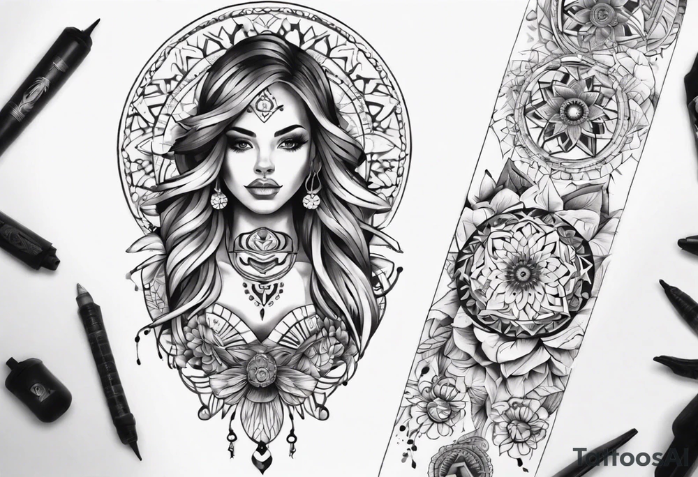 tattoo on both arms going to the chest. mixing mandalas with beautiful girls on each arm a woman  mix of geometric objects tattoo idea