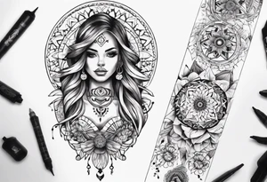tattoo on both arms going to the chest. mixing mandalas with beautiful girls on each arm a woman  mix of geometric objects tattoo idea