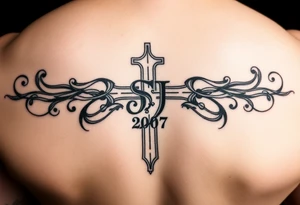 Cousin tattoo design that has a cross with an S and J and “2007” in it tattoo idea