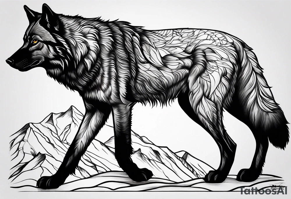 Create a tattoo of a black wolf with mountain/lake tattoo idea