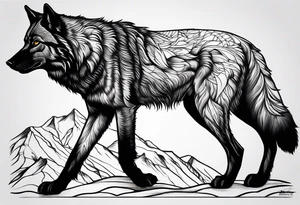 Create a tattoo of a black wolf with mountain/lake tattoo idea