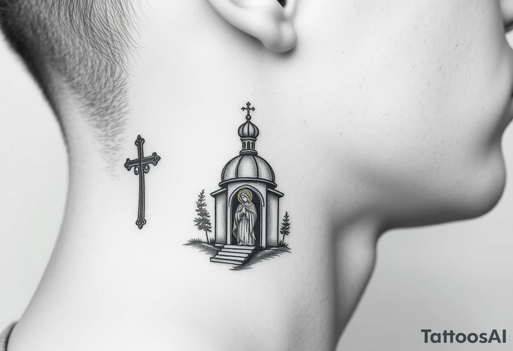 russian design traditional christian orthodox cross with a virgin mary stood beside the entrance of a russian orthodox dome church on the side of the neck in a wilderness setting with the design spread out the side of the neck tattoo idea