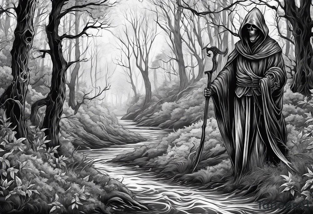 grim reaper walking forest tattoo idea