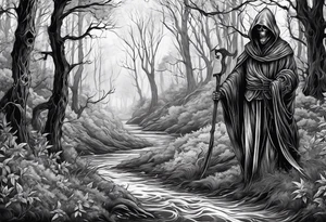 grim reaper walking forest tattoo idea