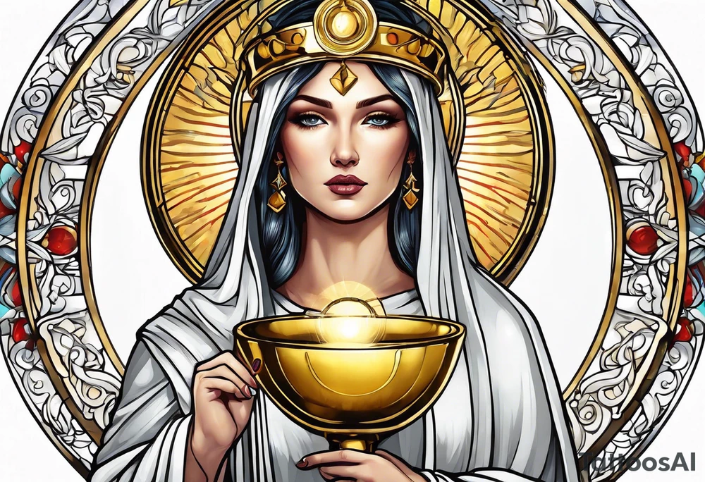holy saint woman with golden halo holding a chalice tattoo idea