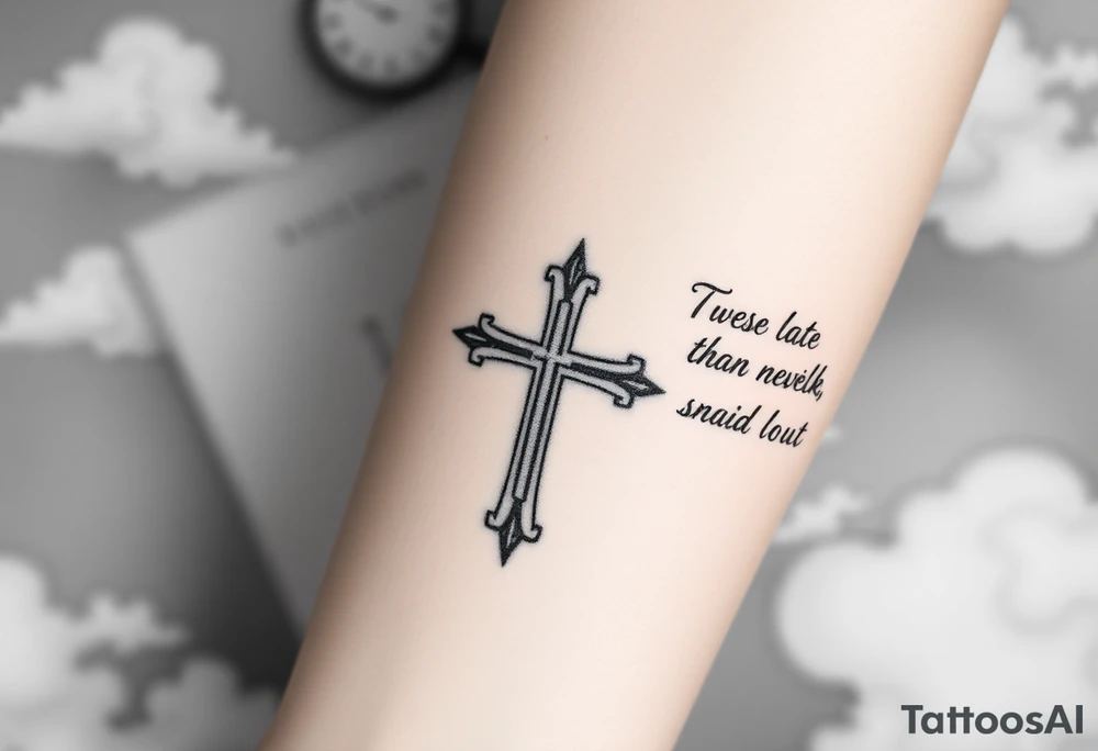 Element	Inhalt & Stil
Zentrales Kreuz	Schlicht, zentral, leicht schattiert
Linke Seite	„Better late than never, but never late is better.“
Rechte Seite	Zitat deiner Wahl (z. B. „Time waits for no one.“)
Hintergrund	Schattierte Wolken, evtl. mit Lichtstrahl
Platzierung	Innerer Unterarm, vertikal verlaufend tattoo idea