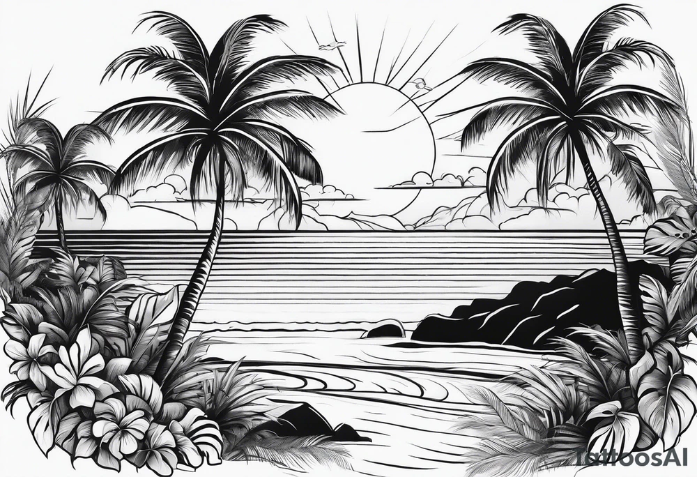 small fine line beach landscape on upper arm with palm trees tattoo idea