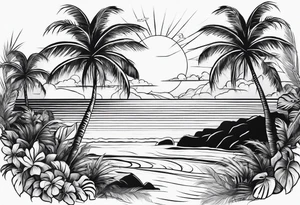 small fine line beach landscape on upper arm with palm trees tattoo idea