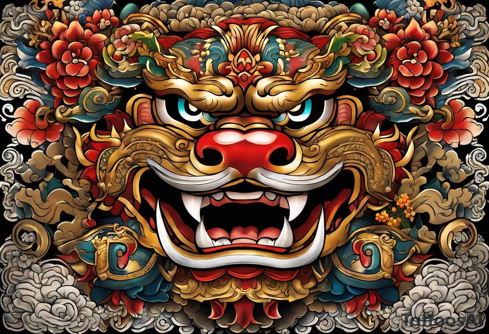 Double pectoral chest piece, of traditional full body Okinawa shisa. On one side is the male mouth open, and the other side, female, mouth closed. tattoo idea