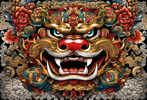 Double pectoral chest piece, of traditional full body Okinawa shisa. On one side is the male mouth open, and the other side, female, mouth closed. tattoo idea