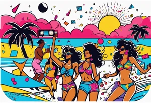 1980's miami vice style beach dance 
party, include confetti, music notes, boom box, SILHOUETTE bikinis sunset in the center tattoo idea