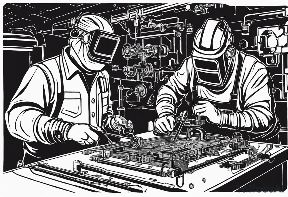 Two 60-year-old characters working together on creating a big mechanism made of iron, gems and electronic circuits. The first character is a welder, dressed in a welding suit and mask. The second character is a fitter, wearing a shirt with sleeves rolled up to the forearms and a tool belt. has no hat. The mechanism they are working on should be in the center of the drawing, should look like a human heart and to be 1\5 of the whole immage.  Characters positioned on either side of the mechanism. tattoo idea