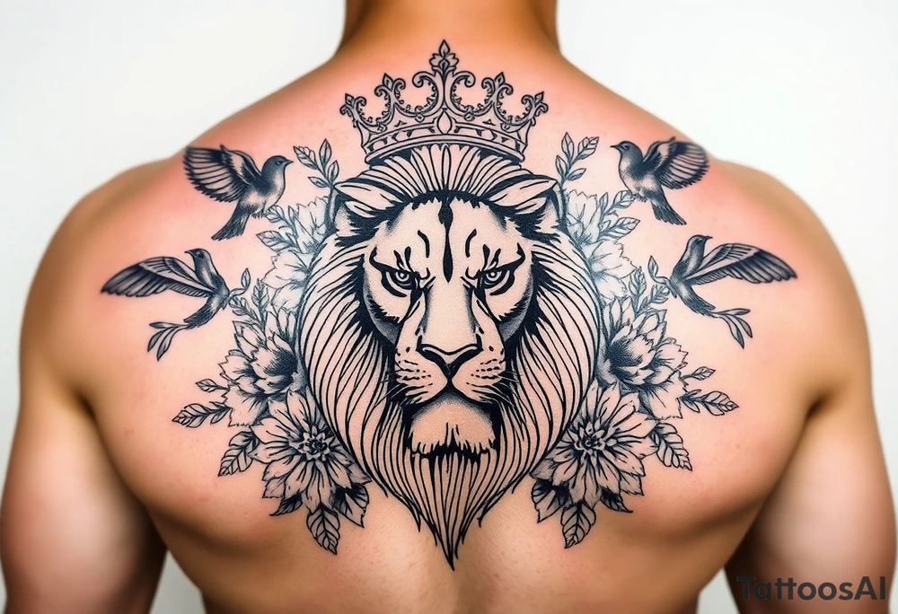 powerful majestic lion with a crown, surrounded by floral ornaments and birds tattoo idea
