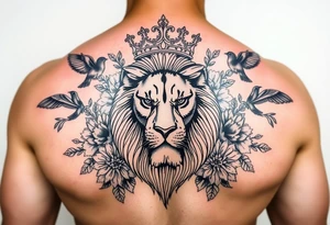 powerful majestic lion with a crown, surrounded by floral ornaments and birds tattoo idea
