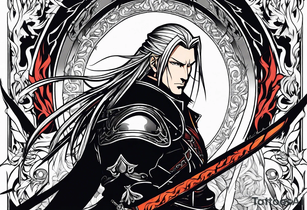 Sephiroth surrounded by flames with his sword and full armour tattoo idea