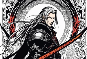 Sephiroth surrounded by flames with his sword and full armour tattoo idea