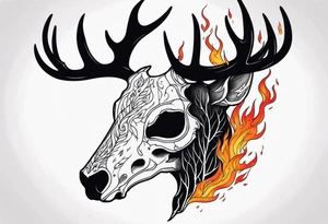 side profile of a DECAYING deer skull JUST BONE lore accurate shapeshifter surrounded by a flames and trees tattoo idea